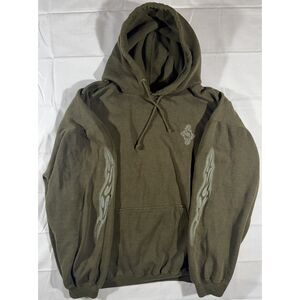 Vintage Y2K Bullhead Men's L Olive Skull Dragon Tribal Flame Graphic Hoodie